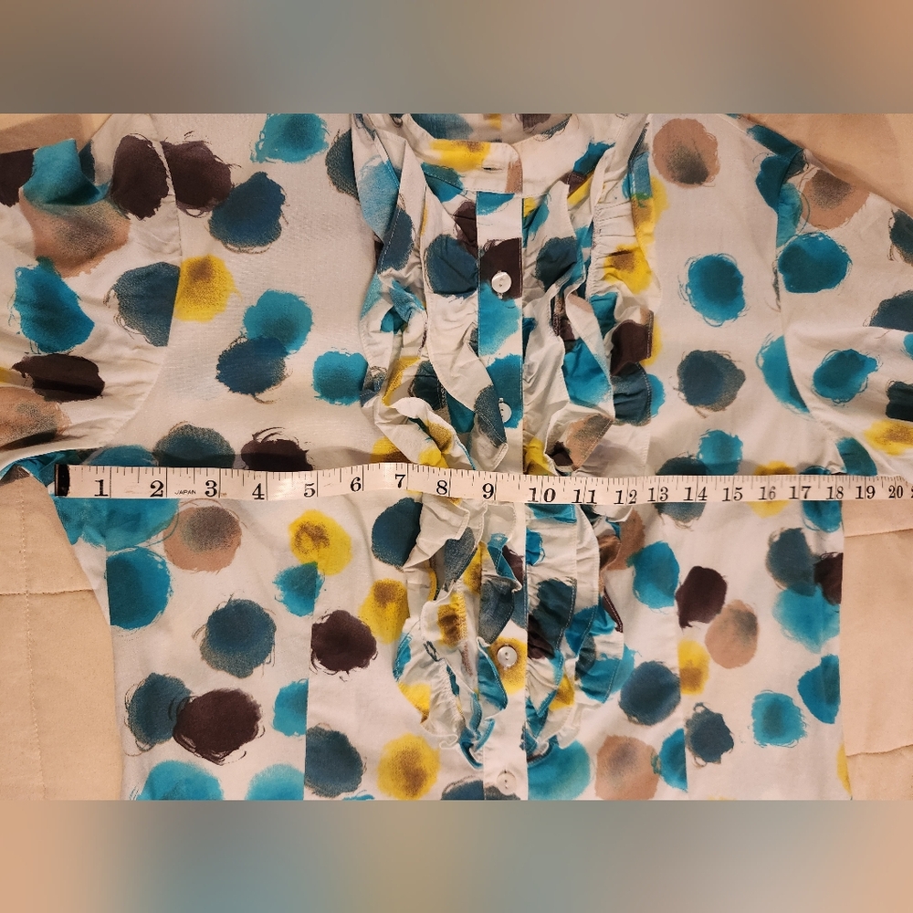 Lafayette 148 Blouse, Button Down, Ruffle Abstract Polka Dot, Cotton, Sz 4, EUC - Picture 9 of 13